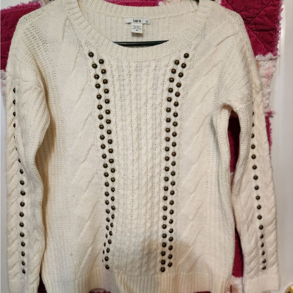 NEW Bar III Cable Knit Ivory Cable Knit Sweater,  Studded, Mid-weight, Size Med